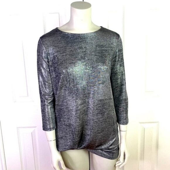 Lisette silver non symmetrical mid sleeve top metallic lightweight xs xsmall - Picture 2 of 12